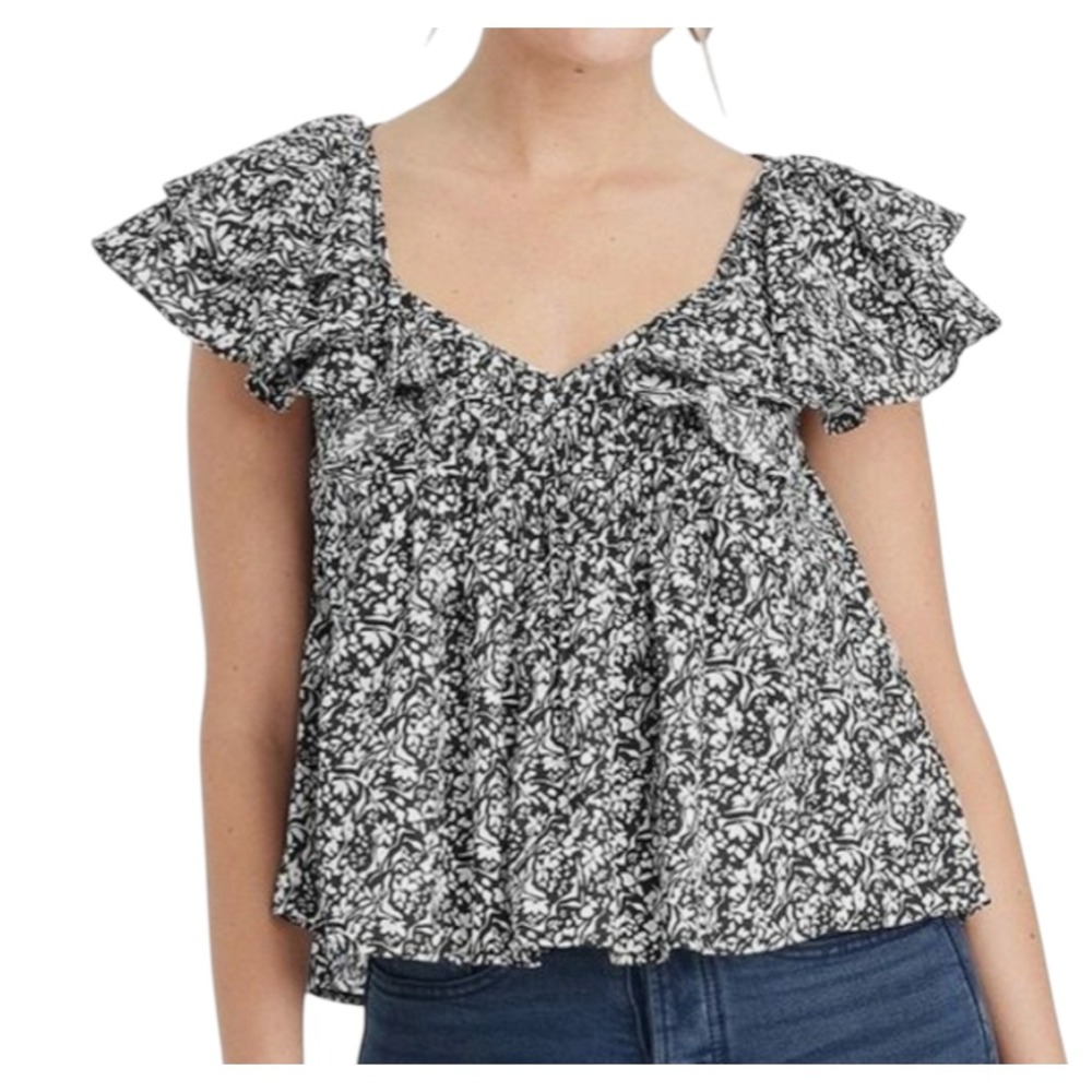 UNIVERSAL THREAD Black & White Floral RUFFLE PLEATED BLOUSE TOP Flounce Flowy M